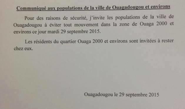 Les habitants de Ouagadougou priés d'éviter le quartier Ouaga 2000