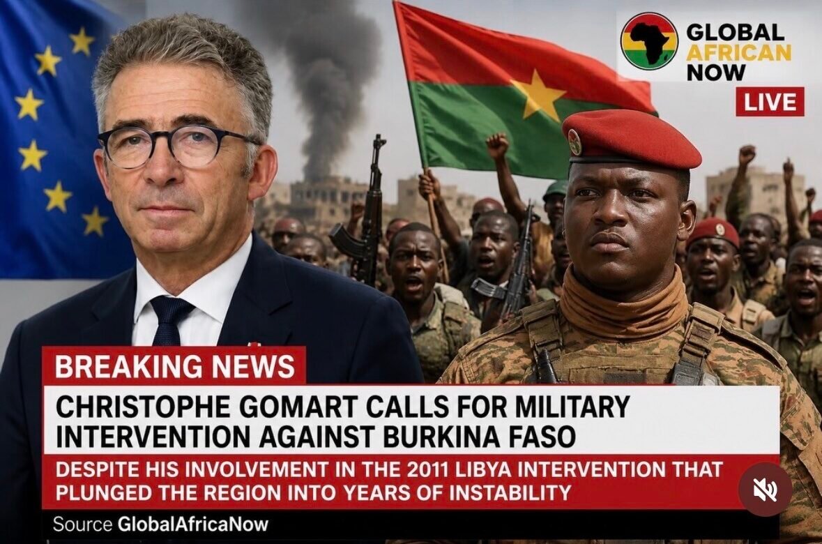 Breaking News banner: Christophe Gomart calls for military intervention against Burkina Faso; EU flag left, armed soldiers behind.