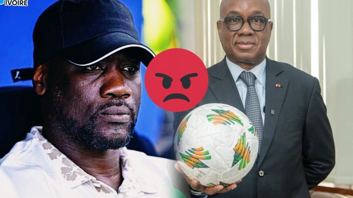 Collage of a man in a cap on the left and a suited man holding a soccer ball on the right, with a red angry emoji overlay in the center.